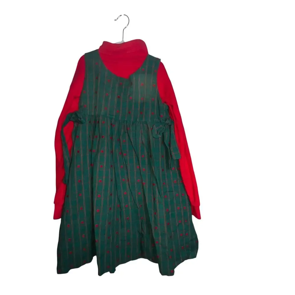 Vintage Apple theme Green & Red Plaid Pinafore midi Jumper Dress homemade